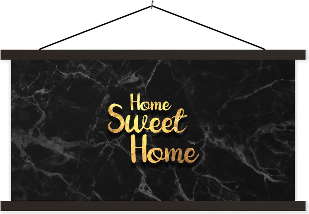 MuchoWow Textilposter Zitat - Zuhause - Marmor - Gold 90x45 cm mit schwarzem Rahmen - Klemmleisten