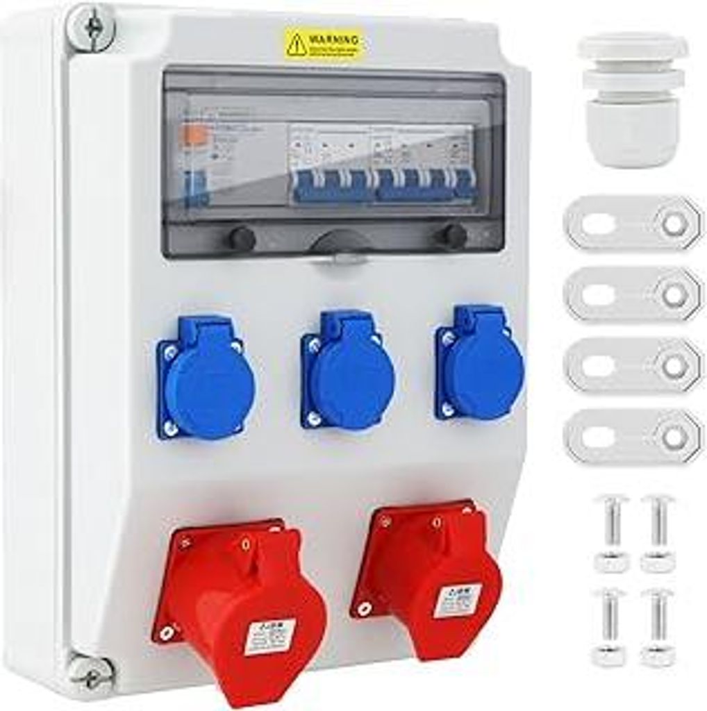 Baustromverteiler 16A verteiler,Wandverteiler mit fi Schalter Bringen,3xSchuko-Steckdose und 2x CEE-Steckdose,IP54,IP44 Wasserdicht Stromverteiler ...