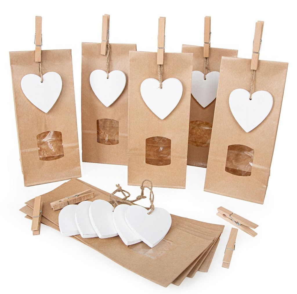 10 Stück kleine braune Weihnachtstüten Papiertüten 10,5 x 6,5 x 29 cm MIT Sicht-FENSTER + 10 natur Holzsterne + 10 Klammern Verpackung give-away...