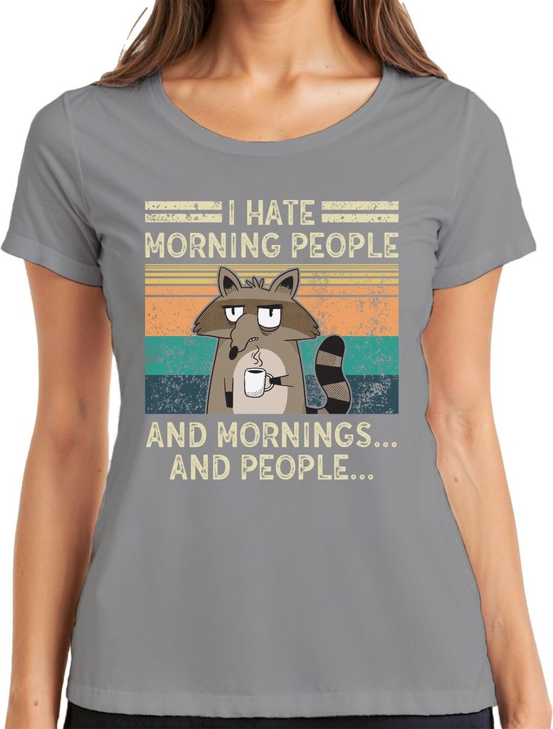 I hate morning people and mornings Waschbär Kaffee Retro Damen T-Shirt, Grau, M