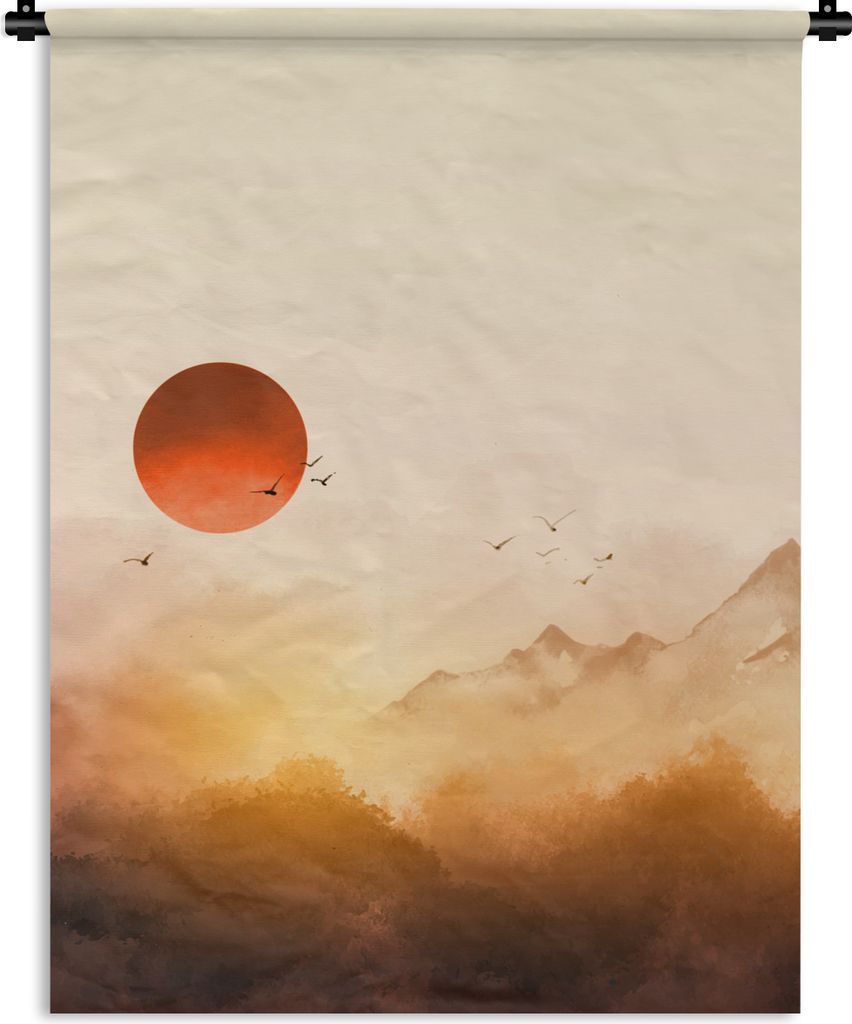 MuchoWow Wandteppich Wandbehang Malerei - Sonne - Landschaft - Vögel 150x200 cm Tapisserie Dekoration Wandtuch - Wandaufhängung - Moderner