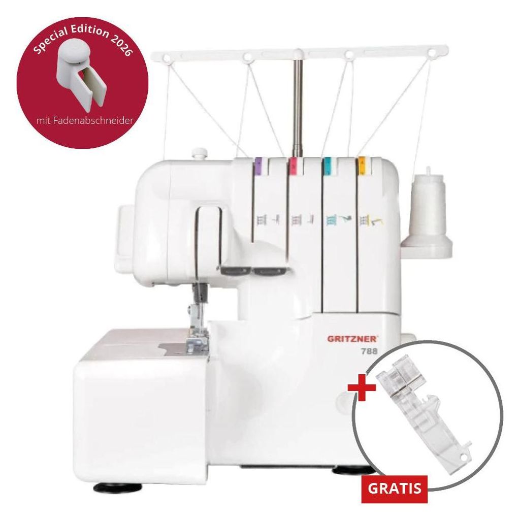 A white overlock sewing machine is shown against a white background. It has thread spools on top and a free arm extension. There are promotional overlays on the left and right sides of the image.