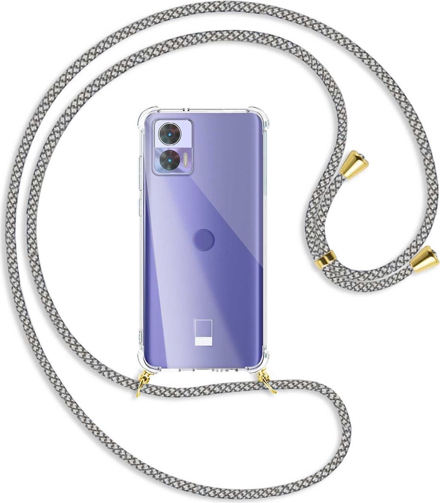 Handykette Backcover-Schutzhülle mit Band (Metall goldfarben) für Motorola Edge 30 Neo (Edge 30 Lite) - weiß/grau kariert