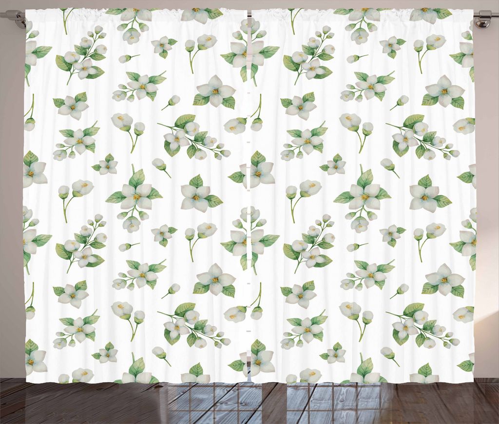 ABAKUHAUS Jasmin Rustikaler Gardine, Aquarell Sprouts, Schlafzimmer Kräuselband Vorhang mit Schlaufen und Haken, 280 x 175 cm, Hellgrün Farngrün
