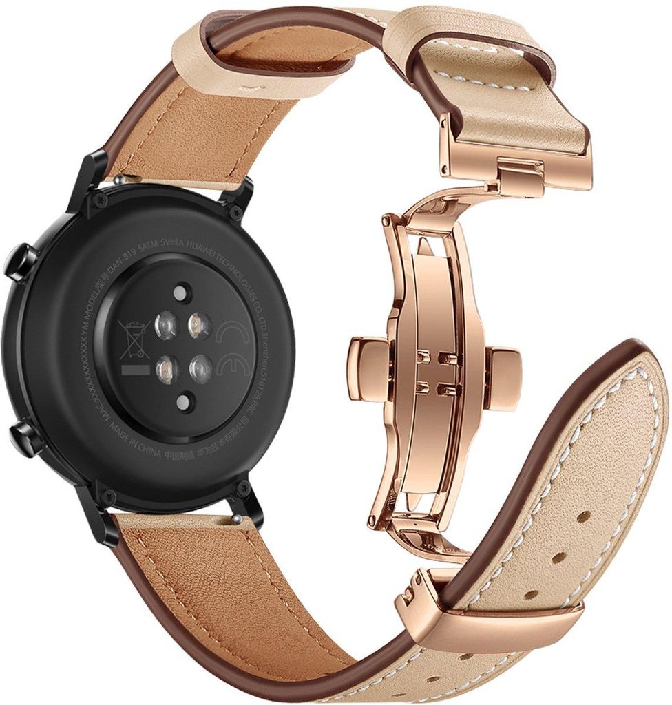 FFO2World 20 mm Luxus-Lederarmband für Samsung Galaxy Watch 4–7 (Classic) & Garmin/Huawei – Echtleder mit roségoldener Faltschließe, Beige