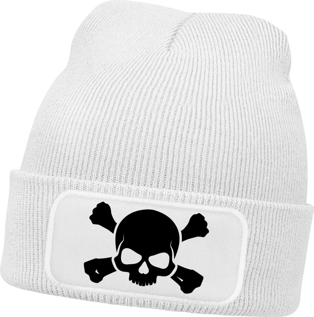 Herren Beanie mit Patch Skull Strickmütze Totenkopf Aufdruck Lustig Mütze Männer Moonworks
