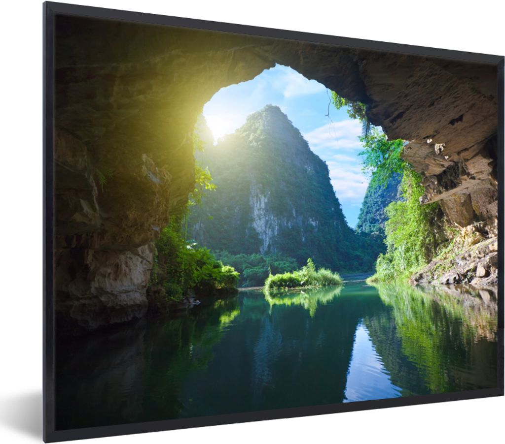 MuchoWow Gerahmtes Poster Wasser - Höhle - Sonne - Natur - Pflanzen 40x30 cm - Poster mit Schwarzem Bilderrahmen Wandposter Rahmen Foto Bilder -...