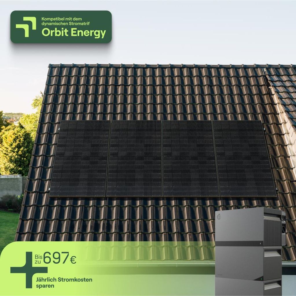 Balkonkraftwerk für Schrägdach mit 4 Modulen & Speicher Avocado Orbit M (6,33 kWh) - 5m Anschlusskabel - priRoof Quattro