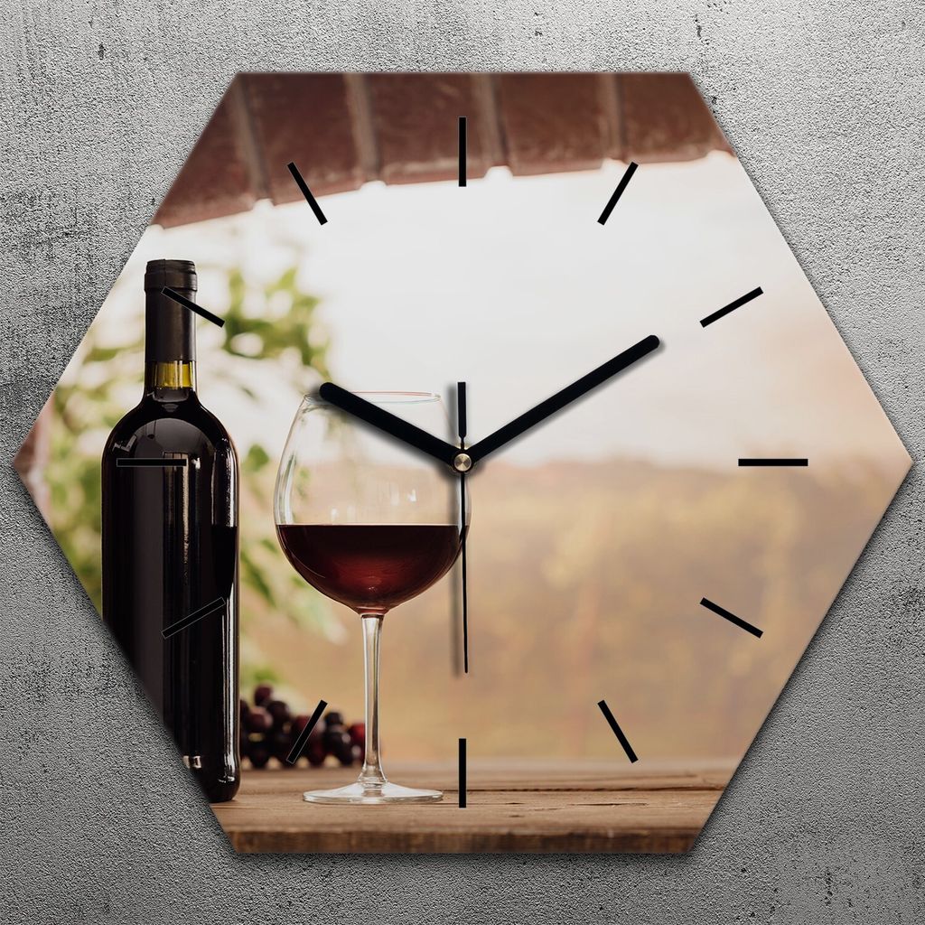Uhr hexagonal 40 cm Glas Geräuschlos schwarze Zeiger - Flasche Rotwein