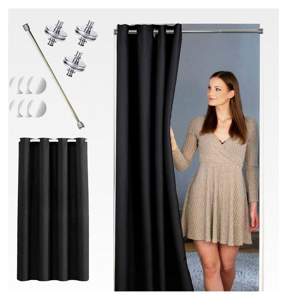Thermo Türvorhang mit Vorhangstange und Magneten zur Abdichtung, einfache Montage ohne Bohren in 1 Minute (195 x 150 cm schwarz, Stange Silber 55-...