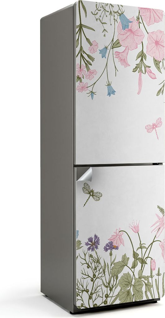 Blumenmuster mit Insekten – Kühlschrank Aufkleber – Klebefolie Kühlschrank – Kühlschrank Nachbildung – Kühlschrankfolie selbstklebend ...