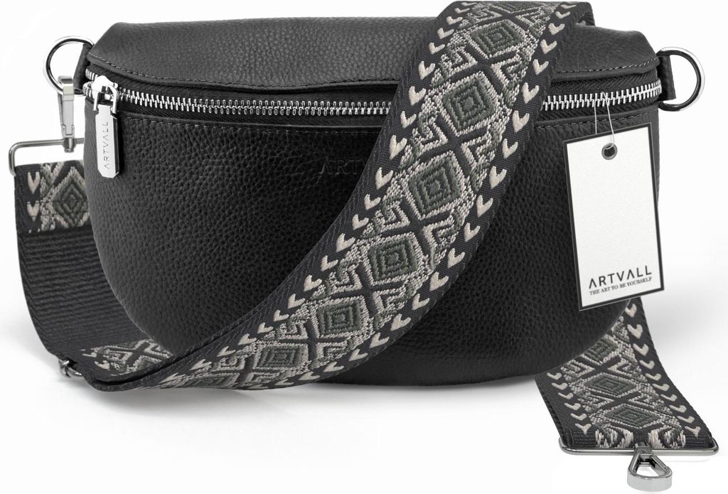 ARTVALL - Umhängetasche aus Leder, Klein mit verstellbarem Schultergurt, abnehmbares Taschenband, Crossbody Bag in Schwarz