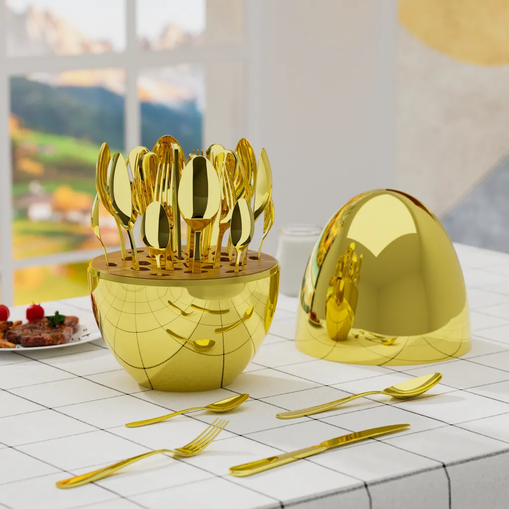 Ménagère dorée pour réception et mariage 24 pièces en acier inox poli miroir