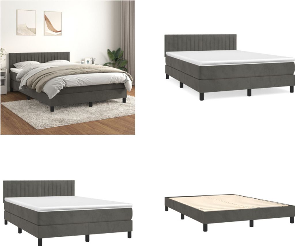 vidaXL Boxspringbett mit Matratze Dunkelgrau 140x200 cm Samt - Boxspringbett - Boxspringbetten - Bett - Schlafzimmermöbel