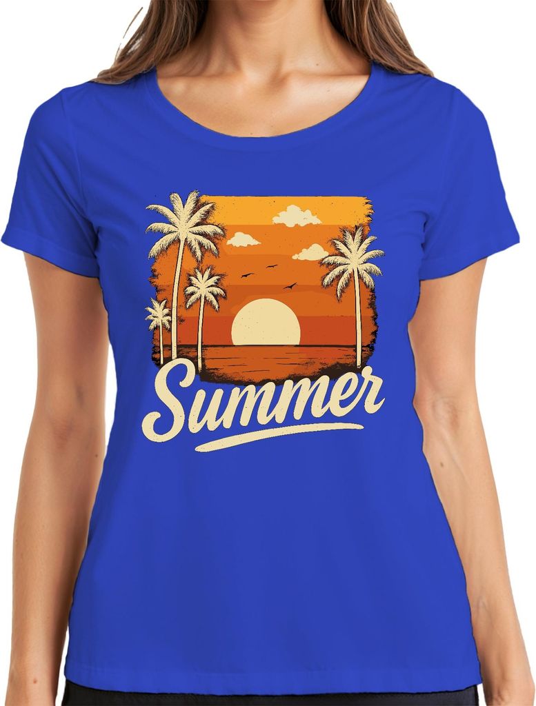 Summer Sonnenuntergang Palmen Retro Vintage Strand Urlaub Meer Damen T-Shirt, Blau, 3XL