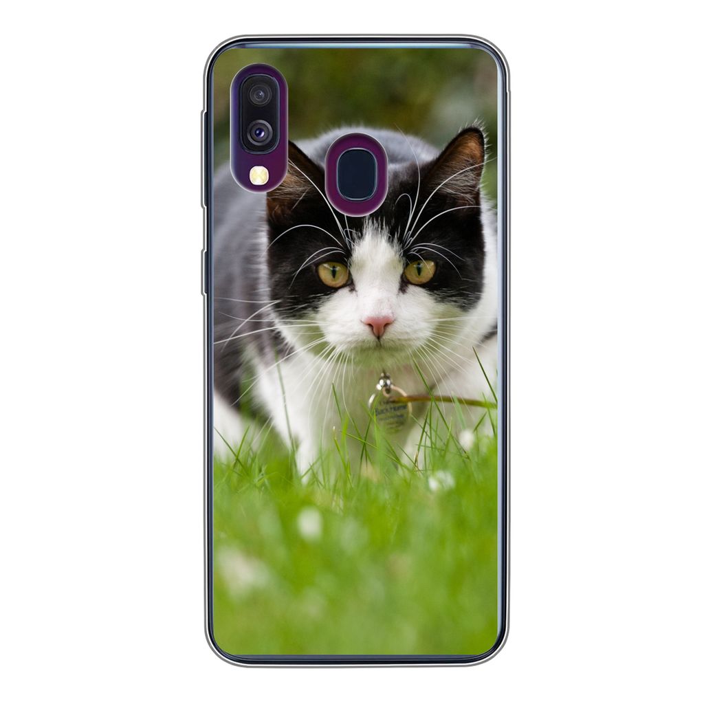 MuchoWow Handyhülle Schutzhülle Hülle für Samsung Galaxy A40 Katze - Gras - Schwarz - Weiß - Mädchen - Kinder - Jungen - Kinder Silikon Sof...