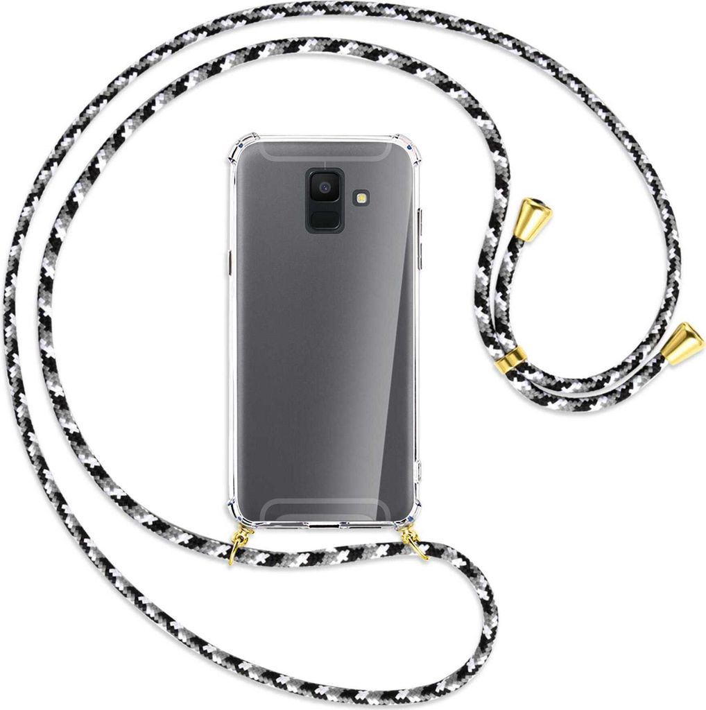Handykette Backcover-Schutzhülle mit Band (Metall goldfarben) für Samsung Galaxy A6 2018 - schwarz/grau/weiß