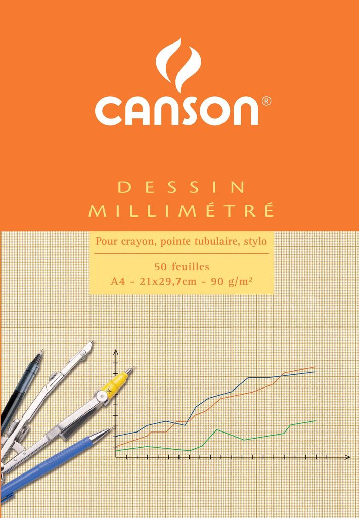 CANSON Millimeterpapier Block DIN A4 90 g/qm 50 Blatt Lineatur: rot