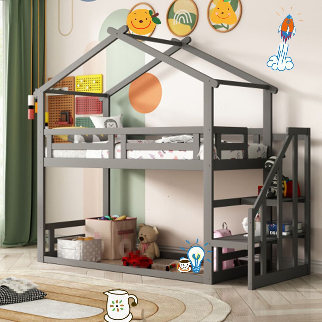 Kinderbett 90*200cm, Niedriges Etagenbett mit Sicherheitstreppe, Etagenbettgestell aus Massivholz mit Lattenrost