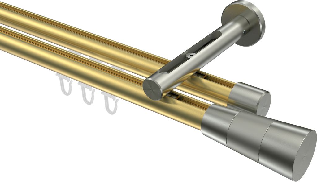 Interdeco Innenlaufstange / Gardinenstange mit Innenlauf Messing-Optik / Edelstahl-Optik, Typ Siteno Tanara (Konus Bicolor), 20 mm Ø 2-läufig, 20...