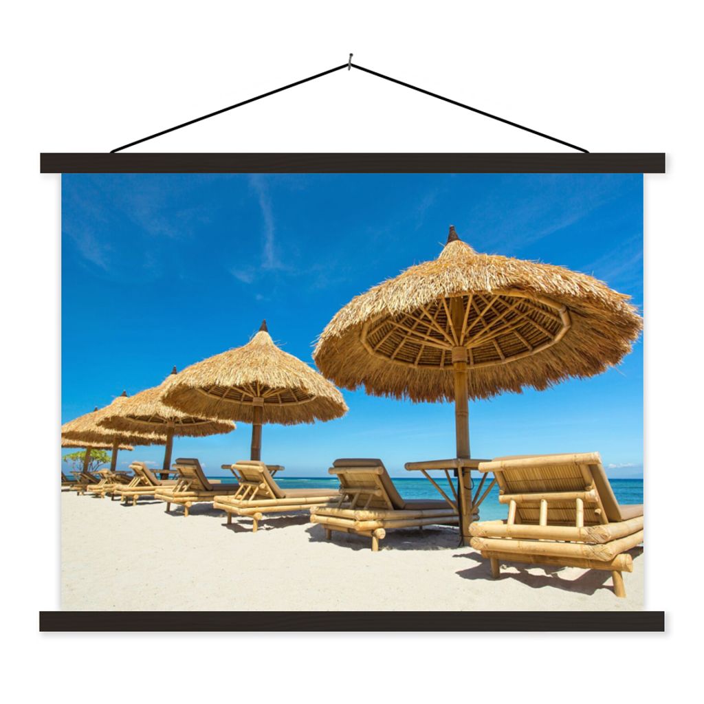 MuchoWow Textilposter Strandkorb - Strand - Sonnenschirm - Meer - Sommer 150x113 cm mit schwarzem Rahmen - Wohnzimmer