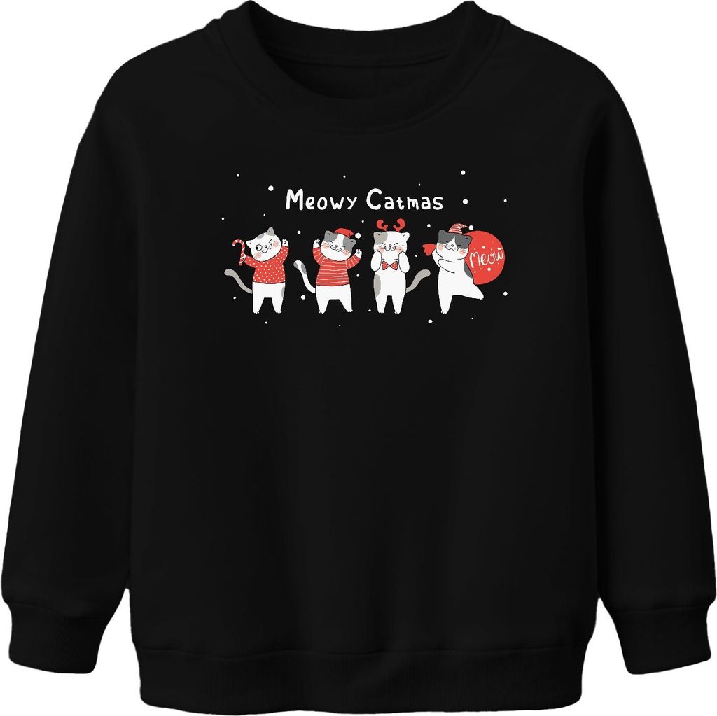 Meowy Catmas Katzen Kätzchen - Weihnachten Weihnachtsgeschenk Christmas Uni Kinder Weihnachtspullover, Schwarz, 116