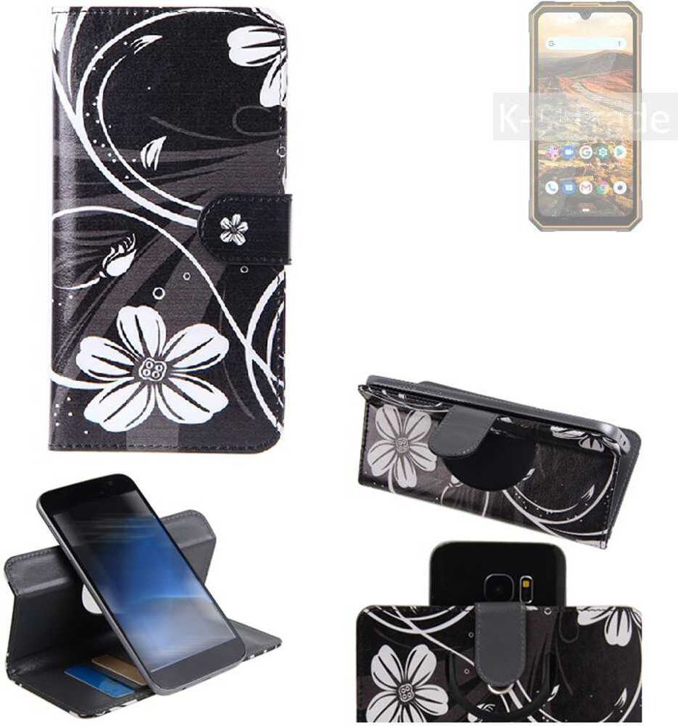 K-S-Trade Schutzhülle Handyhülle kompatibel mit Cubot KingKong 5 Hülle 360° Wallet Case ''Flowers'' Klapphülle Hülle schwarz-weiß 1x