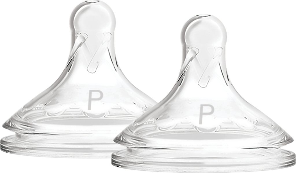 Two clear baby bottle nipples are shown against a white background.