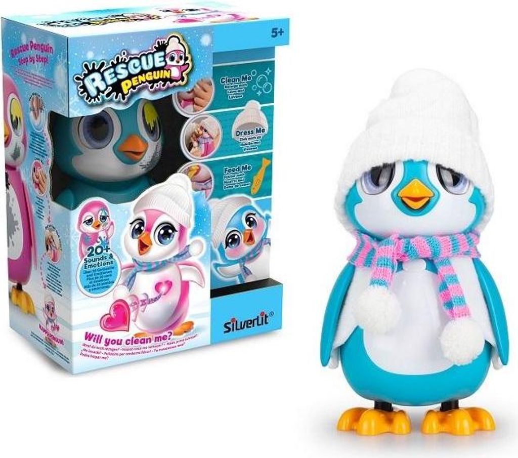 A product box and the toy penguin it contains, displayed side-by-side.