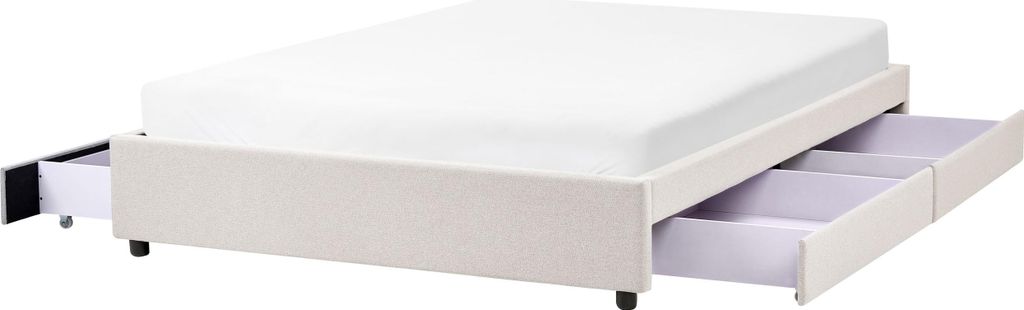 BELIANI Bett Hellbeige Stoff 160 x 200 cm mit Stauraum Schubladen Ohne Kopfteil Gepolsterter Bettrahmen Klassiches Design Schlafzimmer