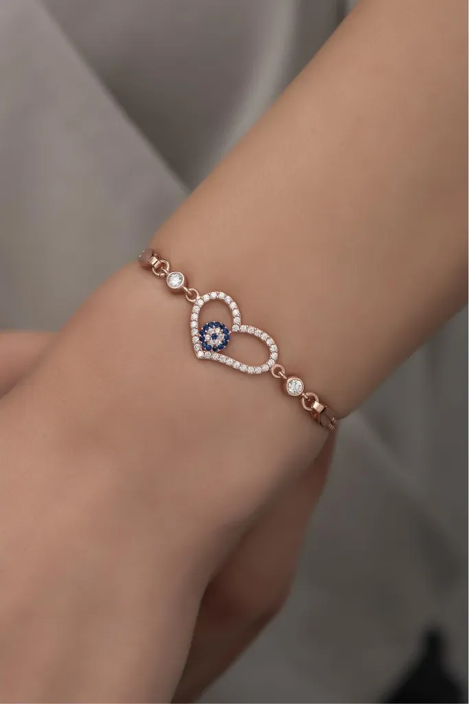 Bracelet Cœur Nazar en argent 925 rose et oxydes de zircone