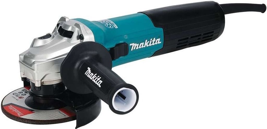 A Makita angle grinder is shown against a white background.