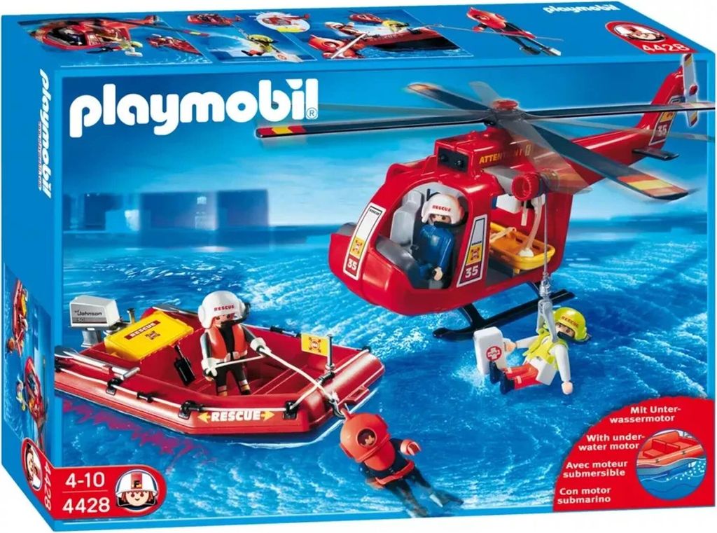 Playmobil rescue helicopter and boat set on a blue water background.