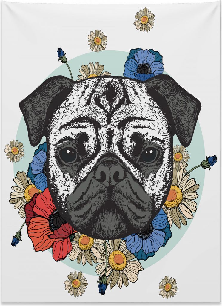 Abakuhaus Mops Wandteppich, Schwarz-Weiß-Kopf des Hundes aus Weiches Mikrofaser Stoff Kein Verblassen Klare Farben Waschbar, 110 x 150 cm, Schwarz...