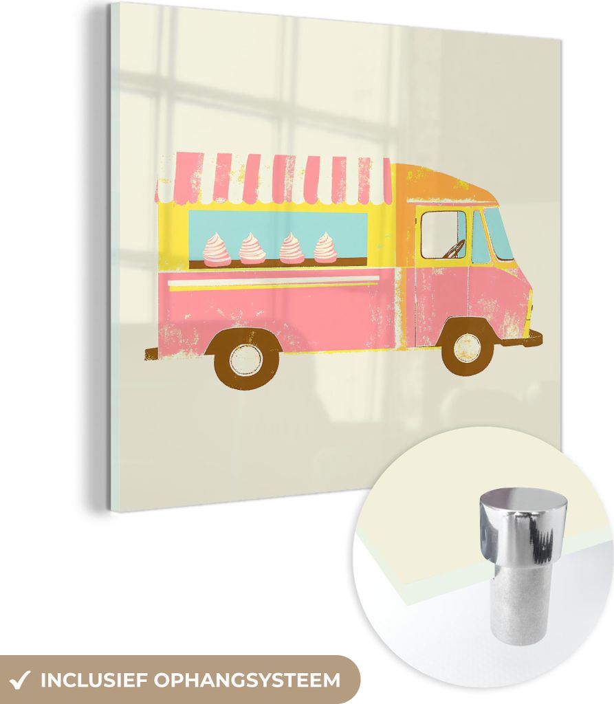 MuchoWow Glasbilder - Bilder auf Wandbild - Foto auf Glas Eiscreme-Wagen - Retro - Softeis - Rosa 40x40 cm Wanddekoration aus Glas - Acrylglasbild ...