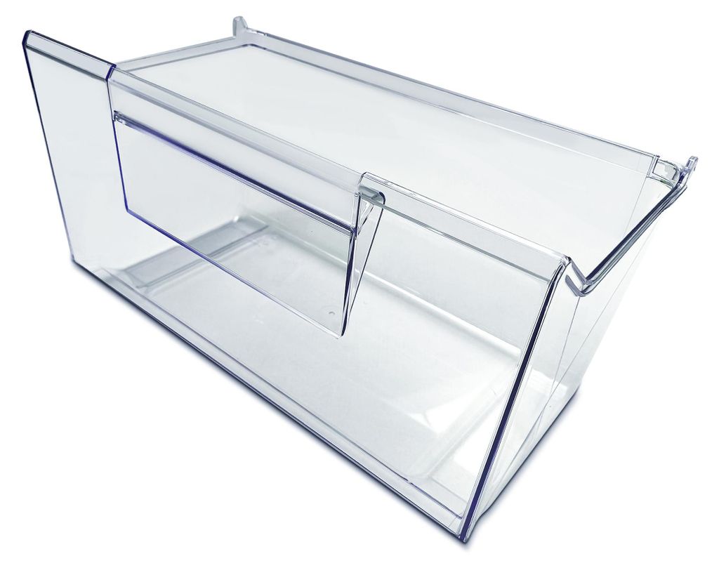 A clear plastic refrigerator crisper drawer.