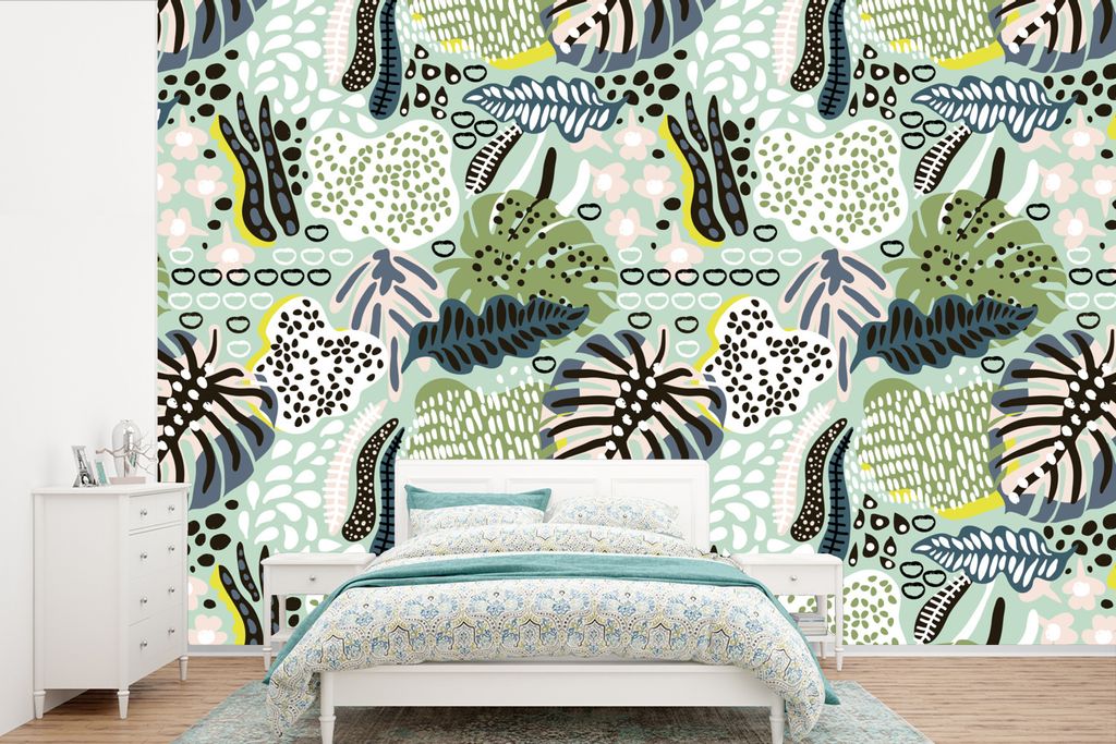 MuchoWow Fototapete für Wohnzimmer oder Schlafzimmer Wandtapete Vinyl Motivtapete Pflanzen - Formen - Dschungel - Muster - 525x350 cm - Das Hint...