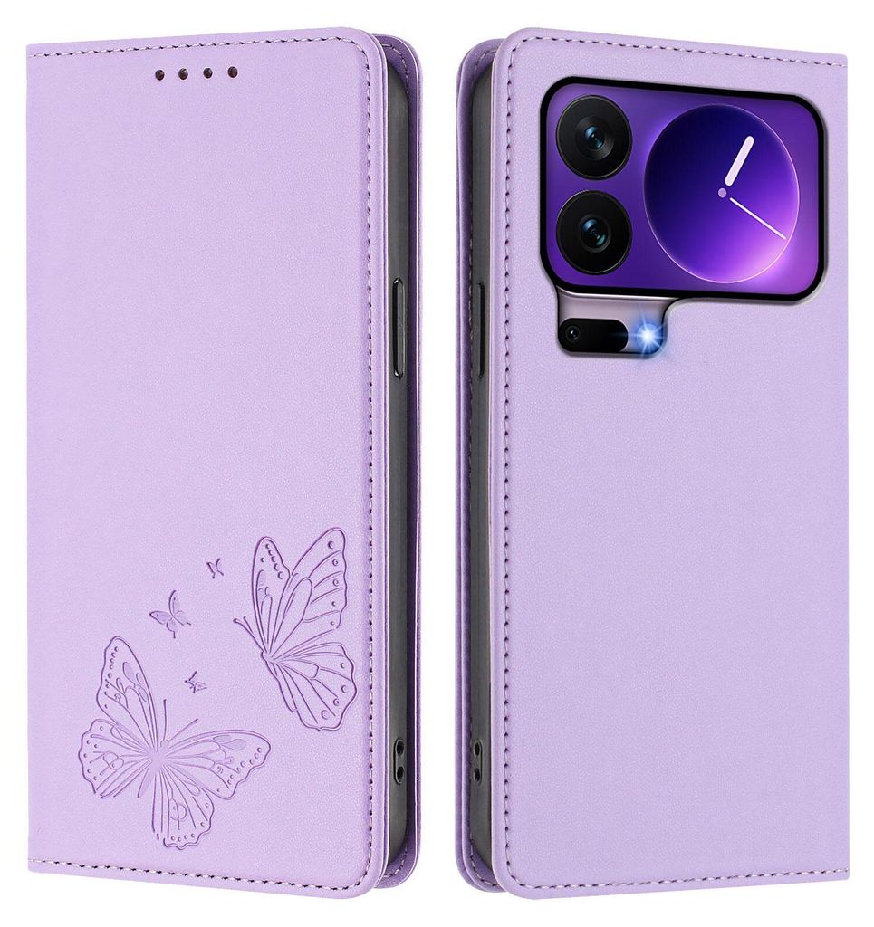 Lederhülle für Xiaomi 17 Pro, Schmetterling Prägung Leder Brieftasche Schutzhülle mit Ständer Violett