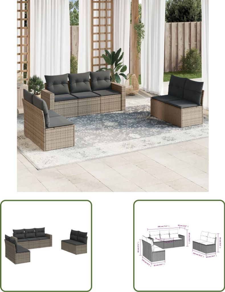 The Living Store 7-tlg. Garten-Sofagarnitur mit Kissen Grau Poly Rattan
