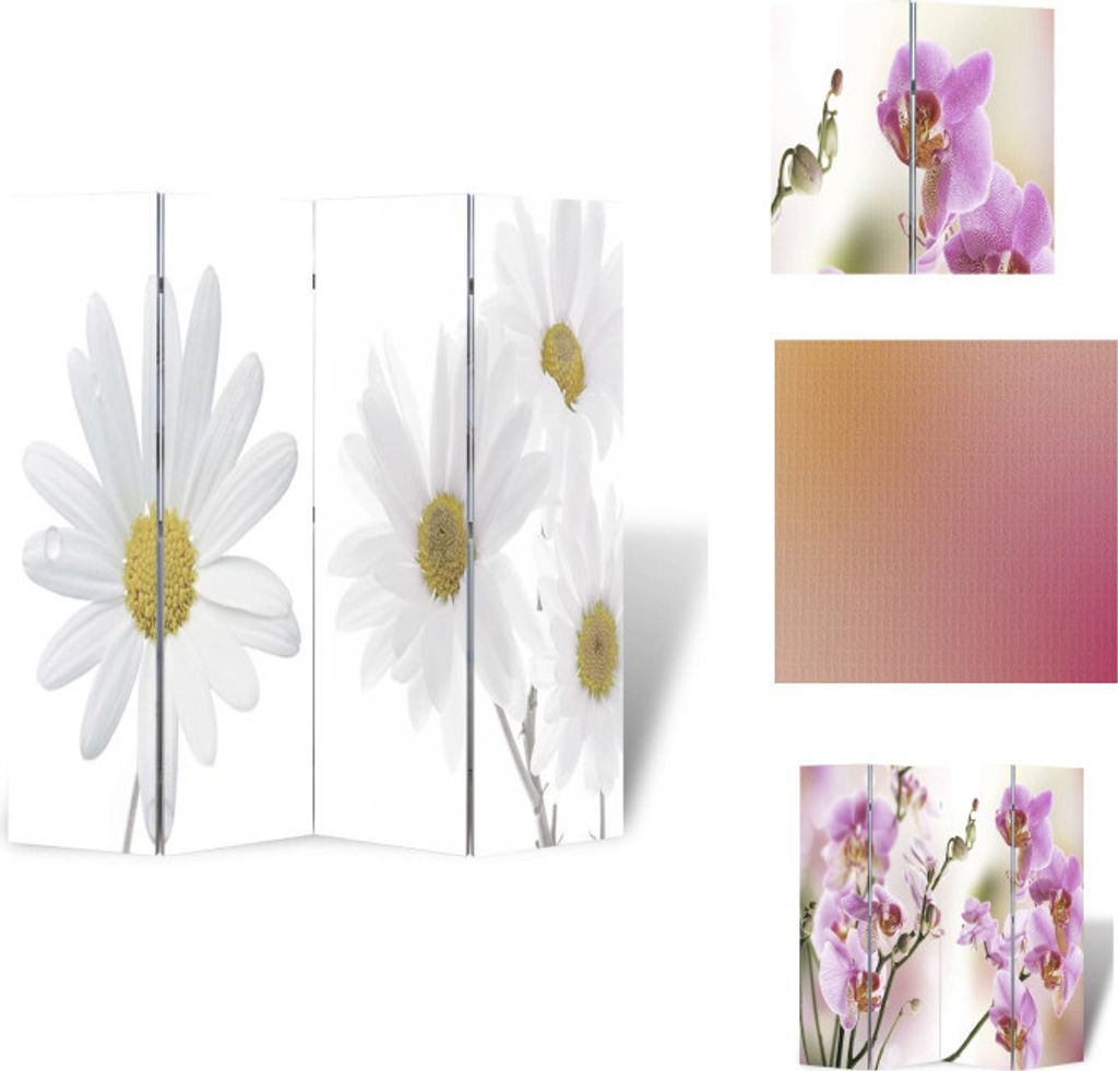 A folding room divider with a floral motif, displayed in a studio setting.