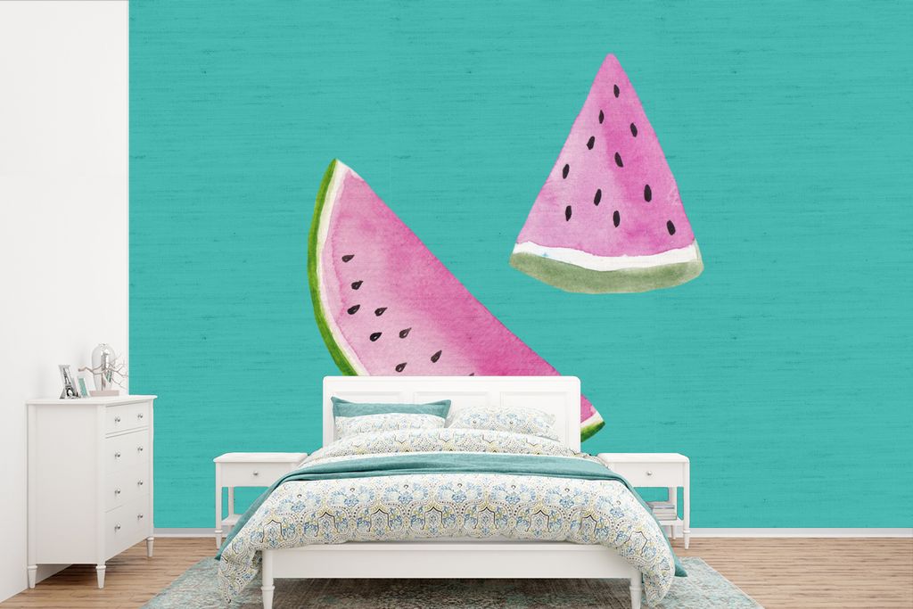 MuchoWow Fototapete für Wohnzimmer oder Schlafzimmer Wandtapete Vinyl Motivtapete Wassermelone - Obst - Blau - 360x240 cm - Vinyl-Tapete