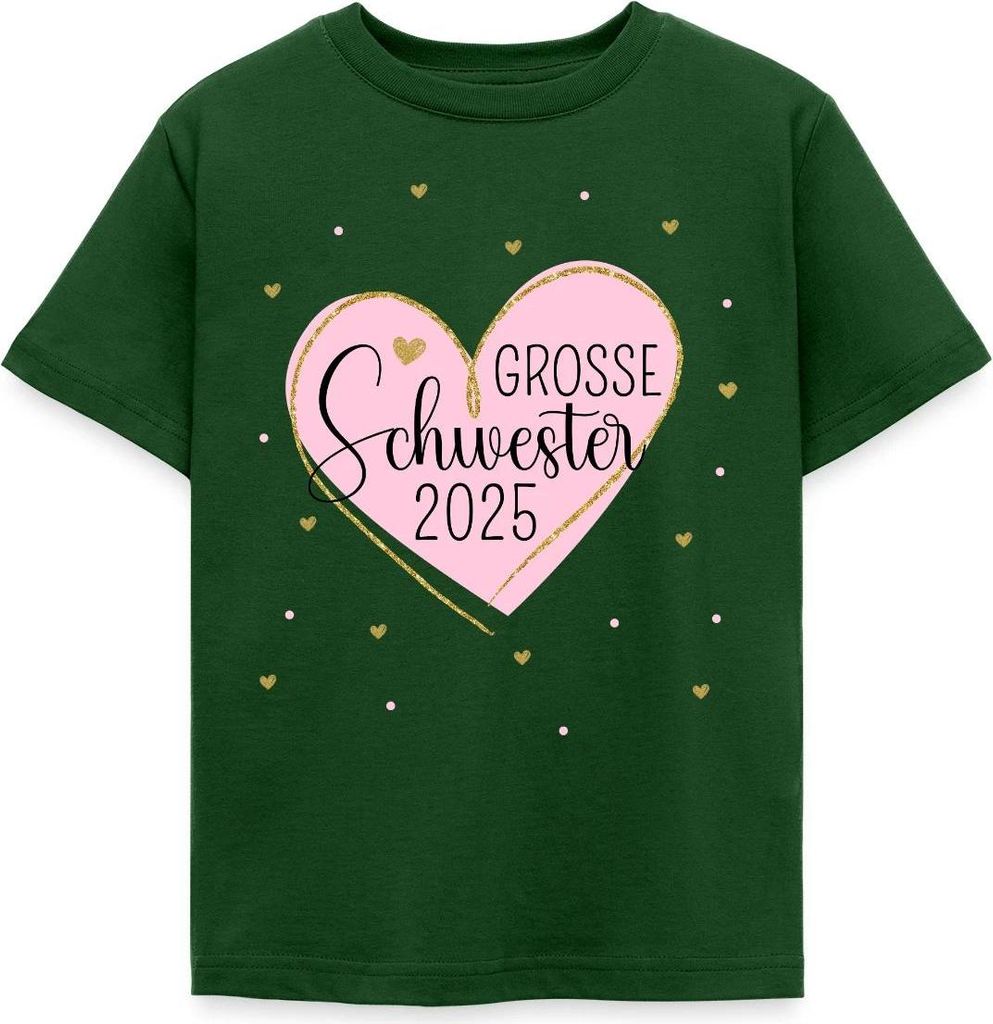 Spreadshirt Große Schwester 2025 Herz Geschwister Kinder T-Shirt, 122/128 (7-8 Jahre), Forstgrün