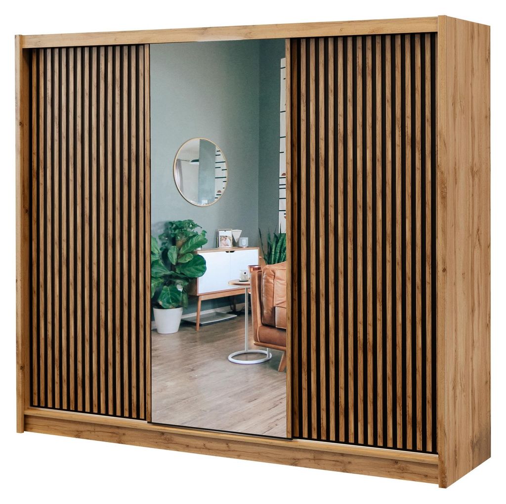 Masseno Schiebetürenschrank DRAVEN 250/215/60,5 cm 3-türig mit Spiegel Eiche Wotan
