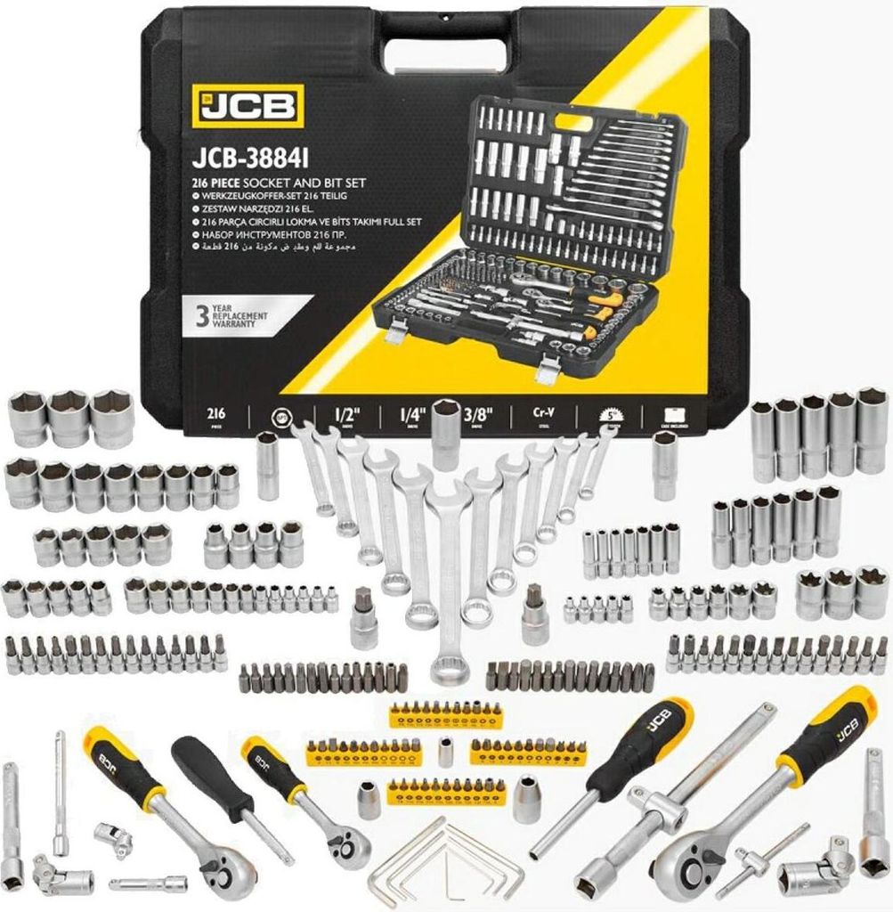 JCB | Werkzeugkoffer gefüllt, 1/4", 3/8", Sechskant, 216tlg, Werkzeug-Set, Werkzeugkiste, Werkzeugbox
