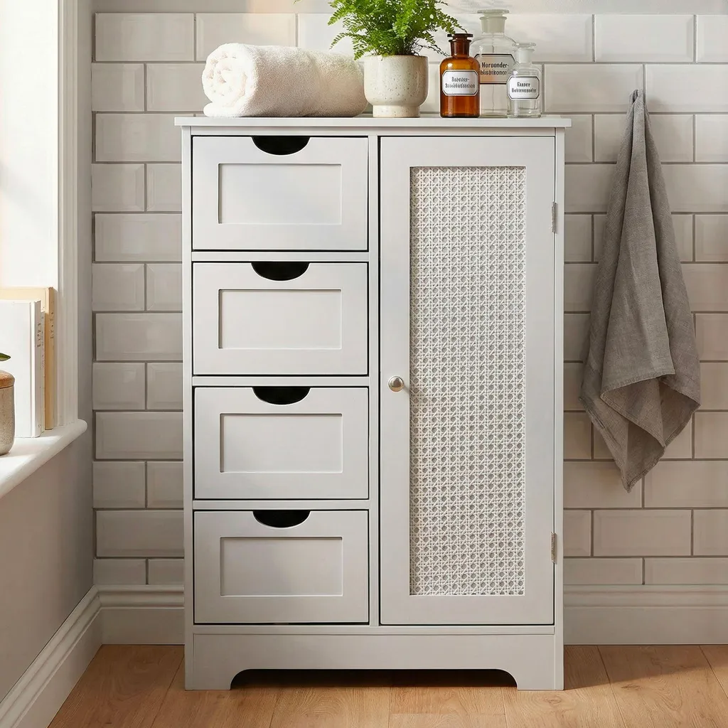 Meuble de Rangement Salle de Bain Moderne avec 4 Tiroirs et Cannage