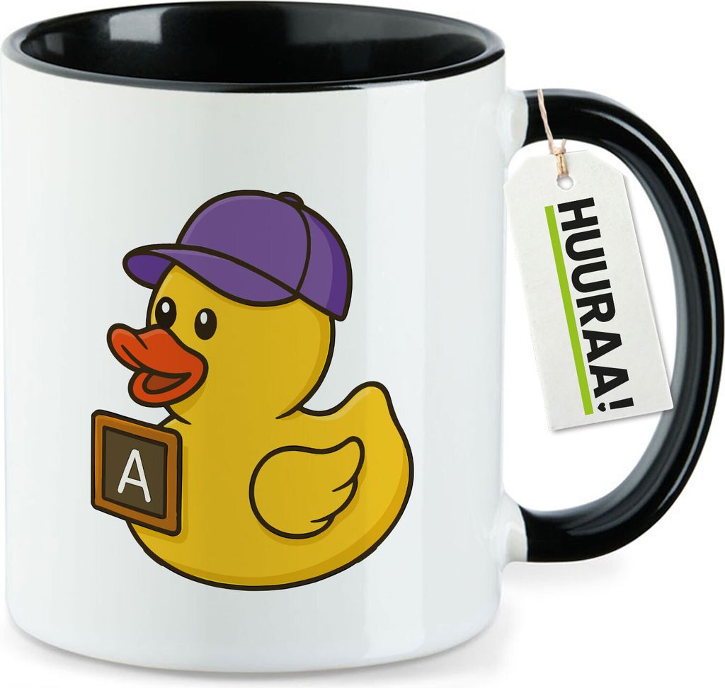 Huuraa Kaffeetasse Quietscheente Erziehung Comic Gummiente 330ml Schwarz Keramik Kaffeebecher Geschenkidee