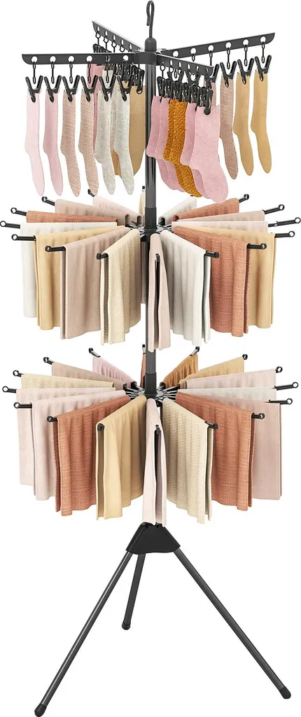 COSTWAY Stendino pieghevole a 3 livelli, stendino a treppiede di 178 cm con bracci rotanti a 360°, 24 clip e 32 aste, asciugamani, nero