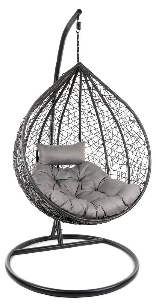 Komplettset: großer Hängesessel mit Gestell und Kissen, Korbsessel, Poly-Rattan (Korb und Gestell: grau, Kissen: grau Chester-Stepp)