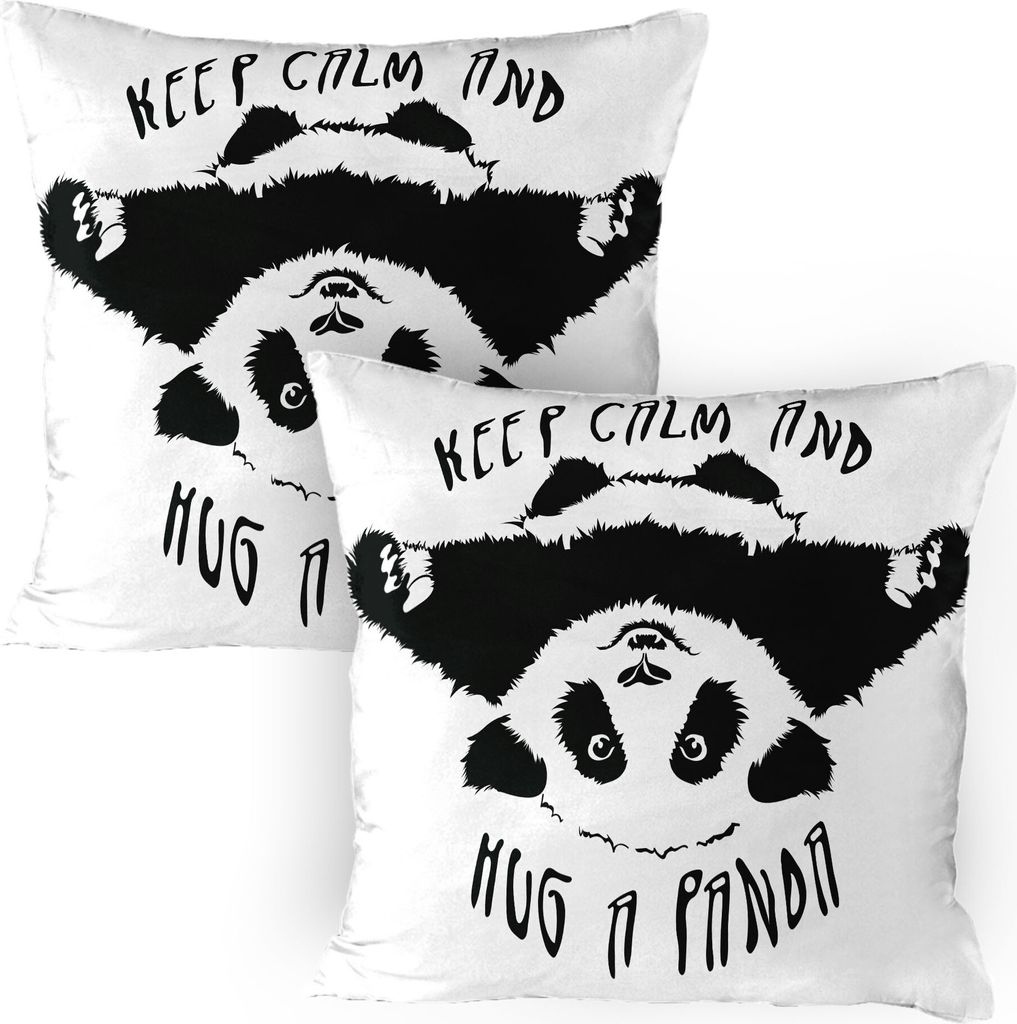 ABAKUHAUS Schwarz und weiß Kissenbezug Packung mit 2, "Bleib ruhig und umarme ein Panda Bären" Beschriftung in English Cartoon Kinder, Dekorative...