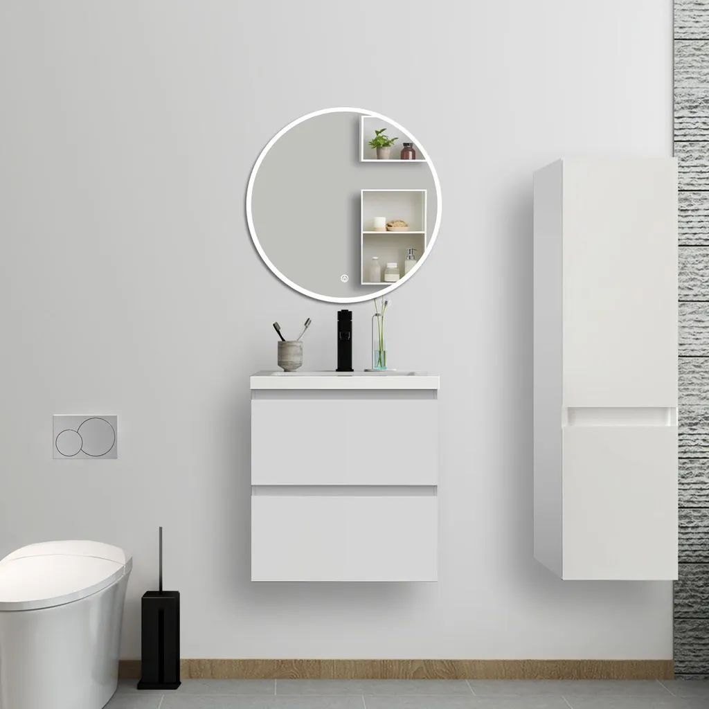 Pack mobilier de salle de bain blanc laqué avec colonne et miroir LED rond